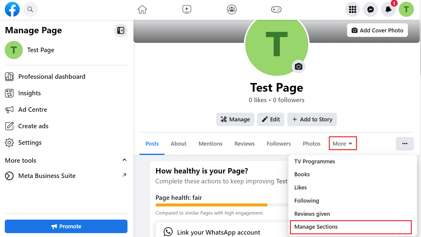 More drop-down option - Scroll to the bottom of the drop-down menu and click on Manage Sections