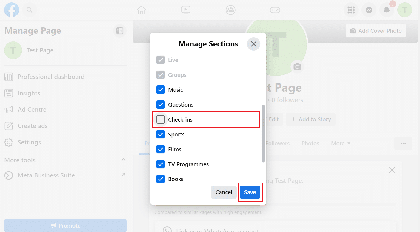 Uncheck the checkbox for the Check-ins option and click on Save