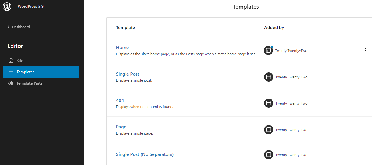 WordPress template list in the site editor.