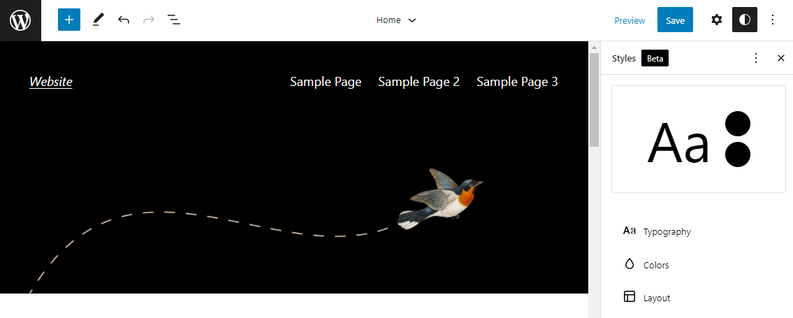 The global styles panel in the beta version.