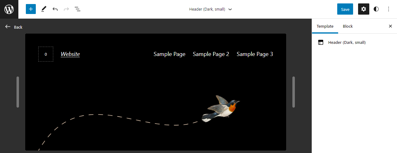 Header preview in the WordPress block editor.