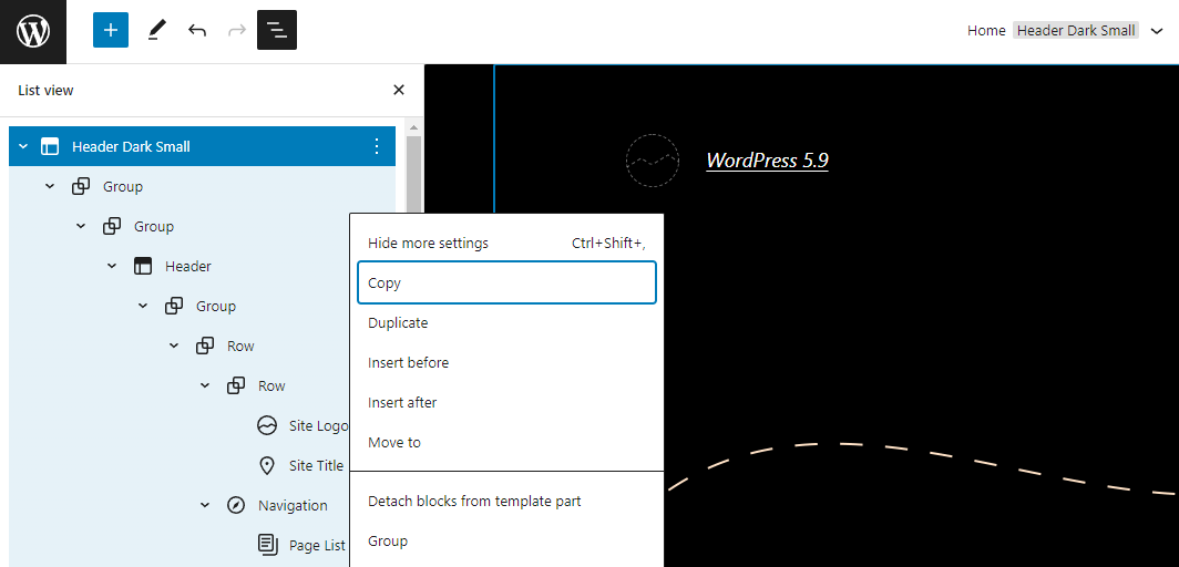 The drag-and-drop list view on the left side of the WordPress gutenberg block editor.