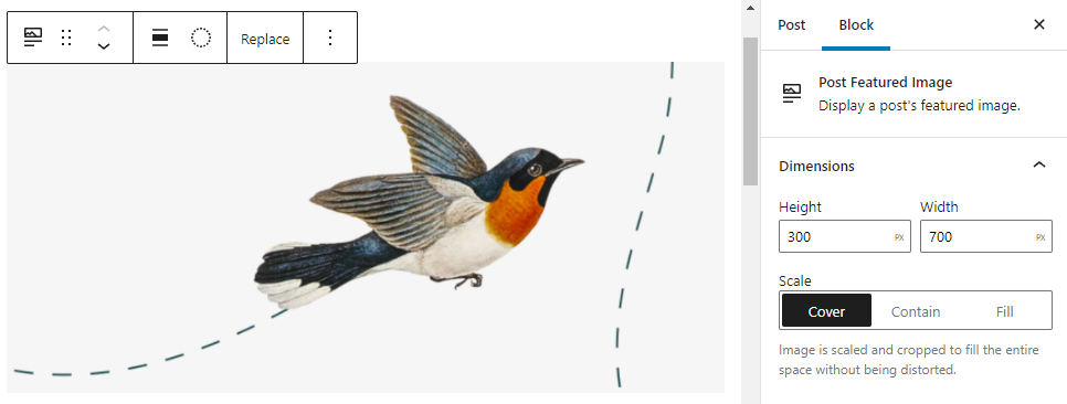The layout options for the featured image in WordPress block editor.