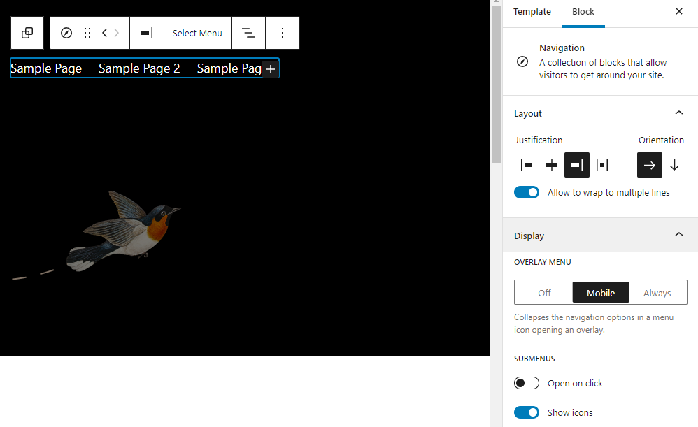The layout options for the navigation block in the WordPress block editor.