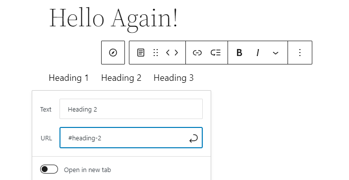 The navigation block in a new WordPress post.
