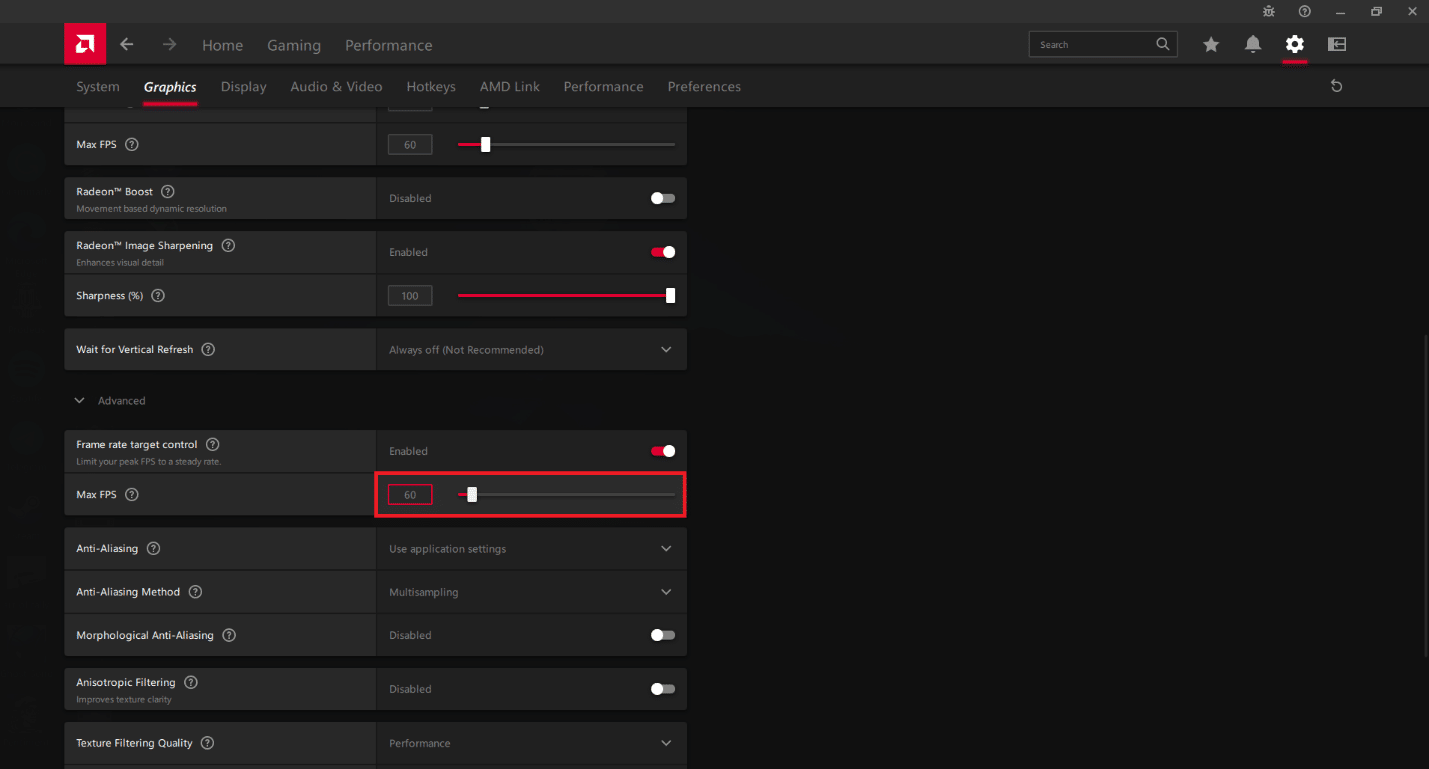 Adjust the Max FPS slider to the desired frame rate