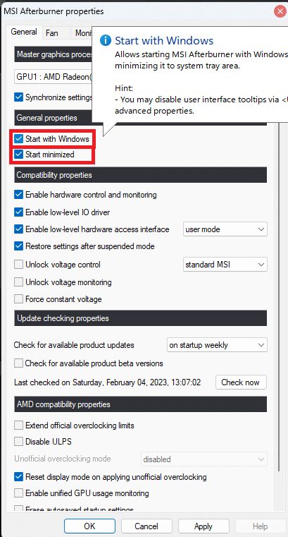 Under the General properties section, select the Start with Windows and Start minimized options