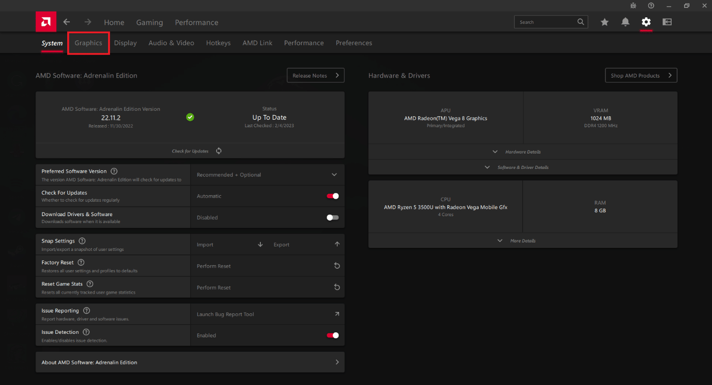 Click on the Graphics tab