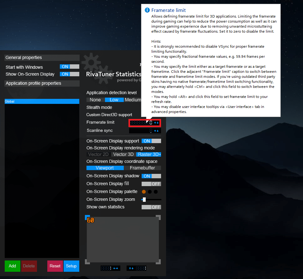 Click on the black bar next to the Framerate limit