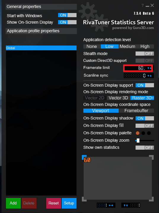 Click on the black bar next to the Framerate limit