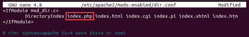 The dir.conf file edited to list the PHP page first.