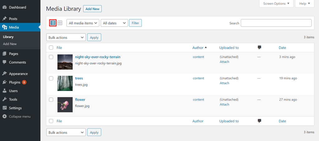 Screenshot of the list view of the WordPress Media Library The list view of the WordPress Media Library