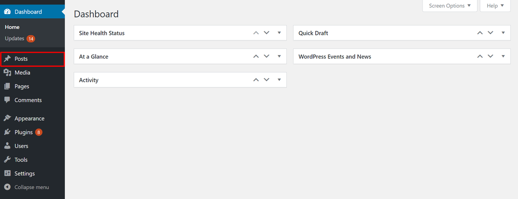 Screenshot of the WordPress dashboard with the Posts option on the admin sidebar highlighted WordPress dashboard with the Posts option on the admin sidebar highlighted