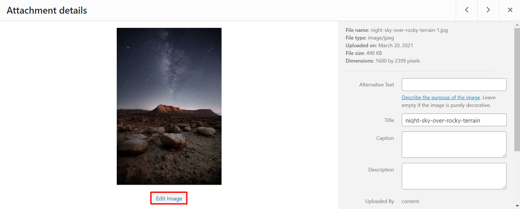Screenshot of WordPress Media Library's Attachment details pop-up window WordPress Media Library's Attachment details pop-up window