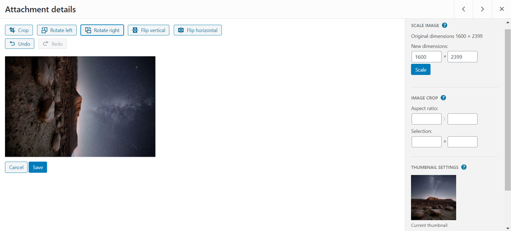 Screenshot of WordPress Media Library's image rotating feature WordPress Media Library's image rotating feature