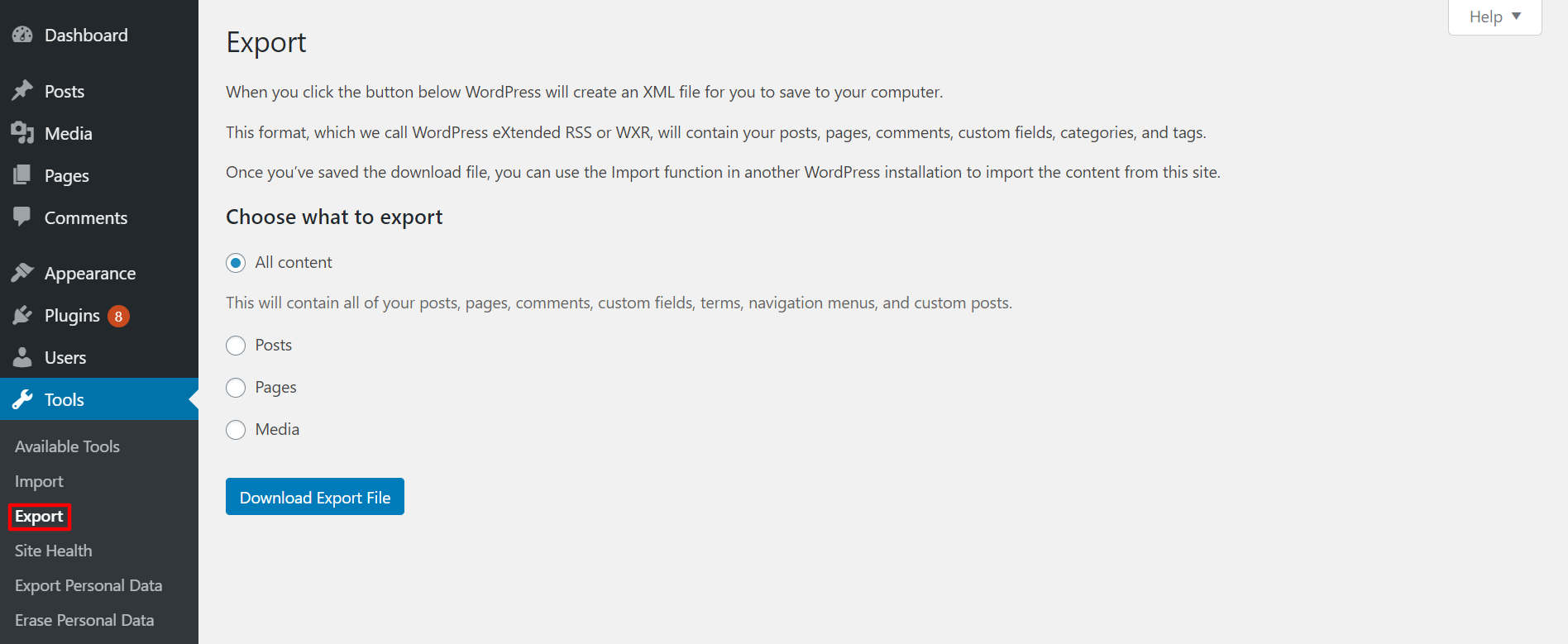 Screenshot of the WordPress export page WordPress dashboard's Export page