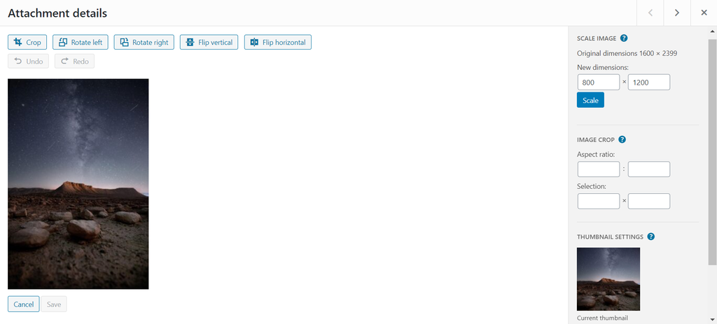 Screenshot of WordPress Media Library's image scaling feature WordPress Media Library's image scaling feature