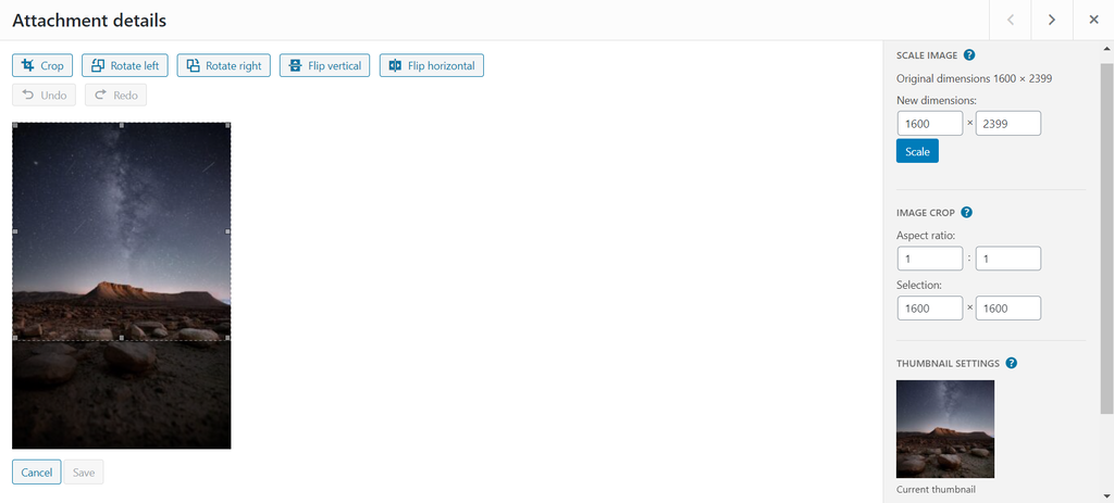 Screenshot of WordPress Media Library's Image Crop sidebar feature, with the option adjust the aspect ratio and selection in pixels WordPress Media Library's Image Crop sidebar feature, with the options to adjust the aspect ratio and selection in pixels