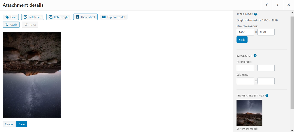 Screenshot of WordPress Media Library's image flipping feature WordPress Media Library's image flipping feature