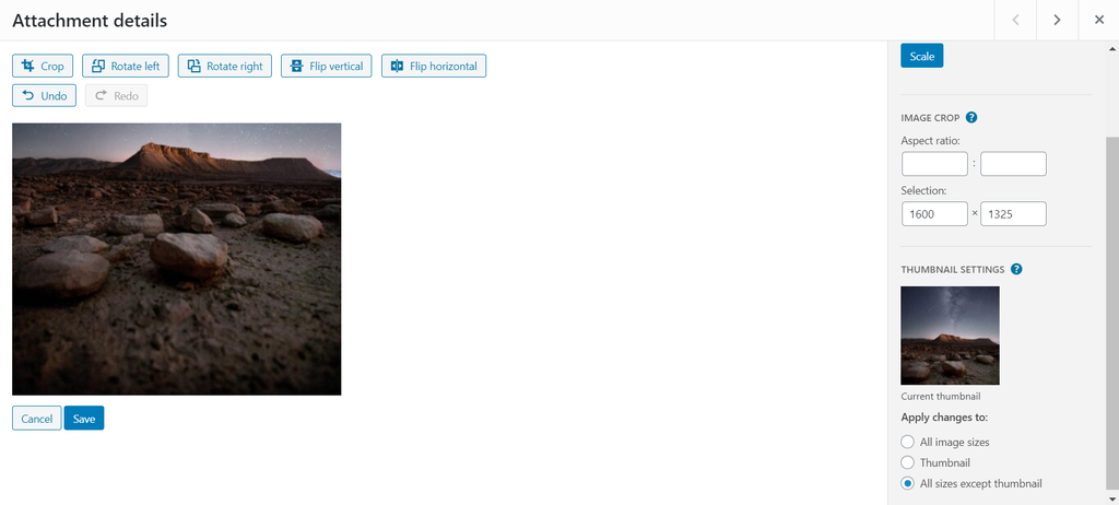 Screenshot of WordPress Media Library's image editor, with the Thumbnail settings' set to apply changes to all sizes except thumbnail WordPress Media Library's image editor, with the Thumbnail settings' set to apply changes to all sizes except thumbnail