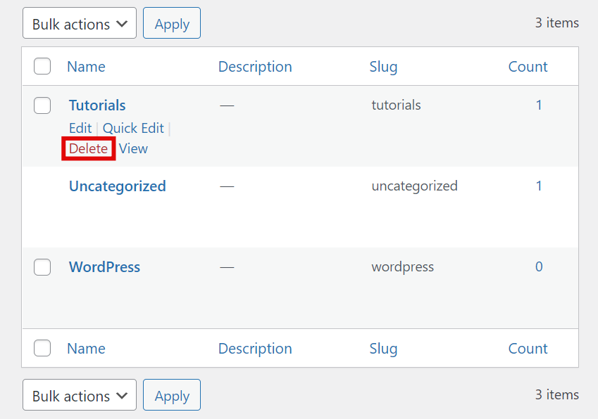 Delete category button