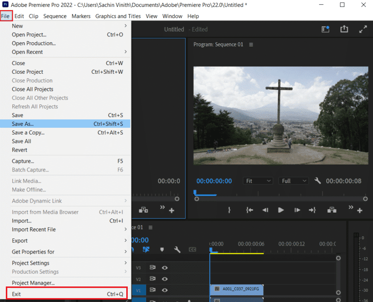 exit adobe premiere pro