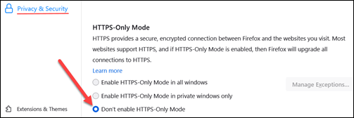 Disable HTTPS-only mode on Firefox.