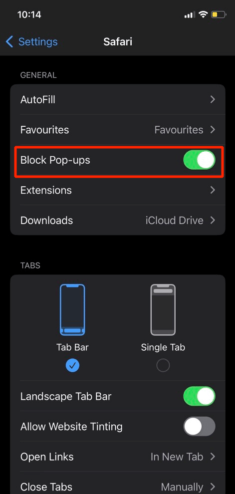 tap on block pop-ups option