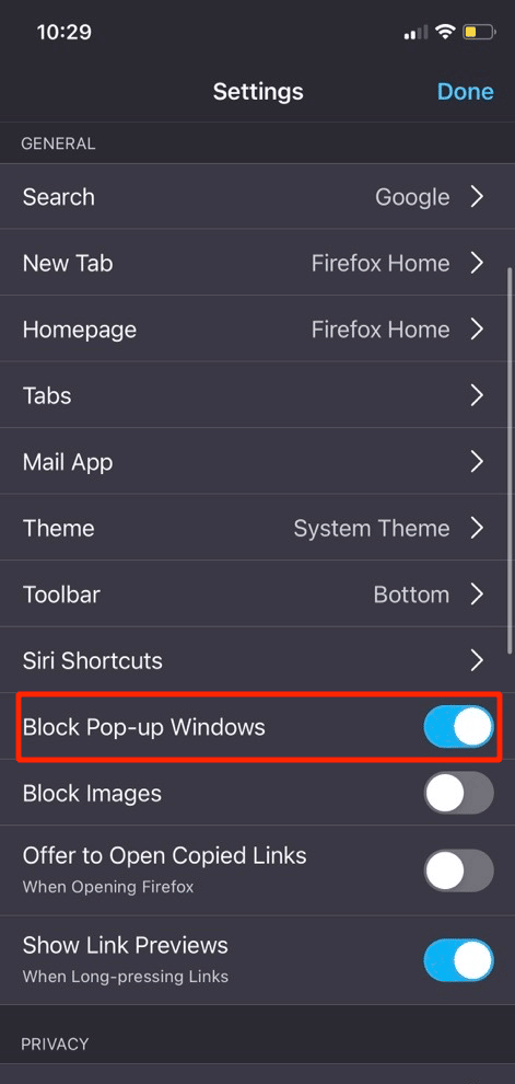 tap on block pop up windows option
