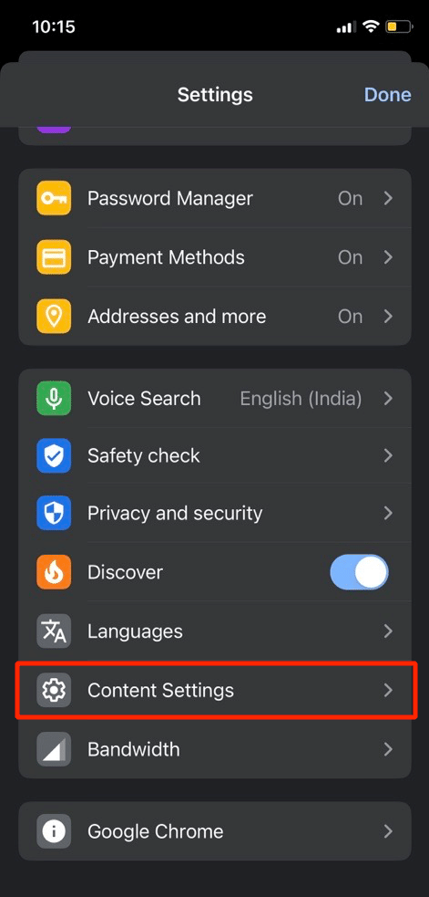 tap on content settings option