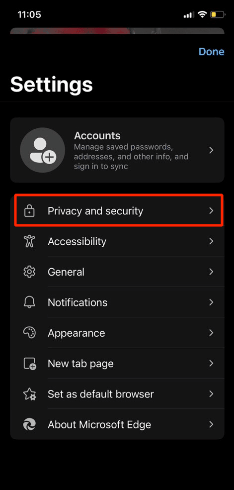 tap on privacy & security