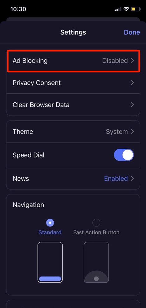 tap on ad blocking option