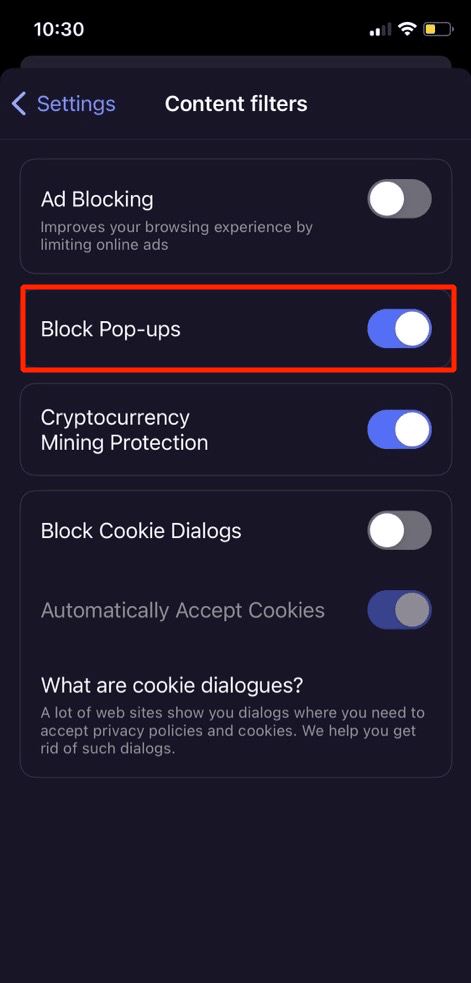 tap on block pop-ups