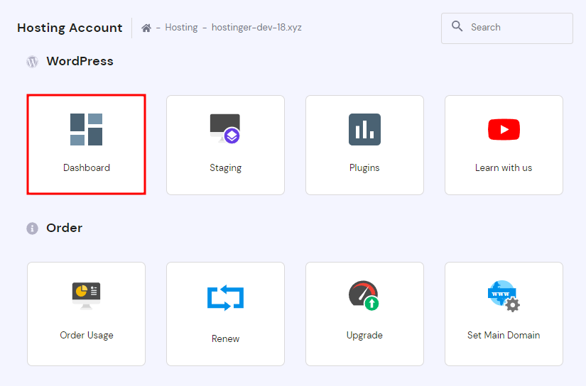 The WordPress dashboard button on the hPanel