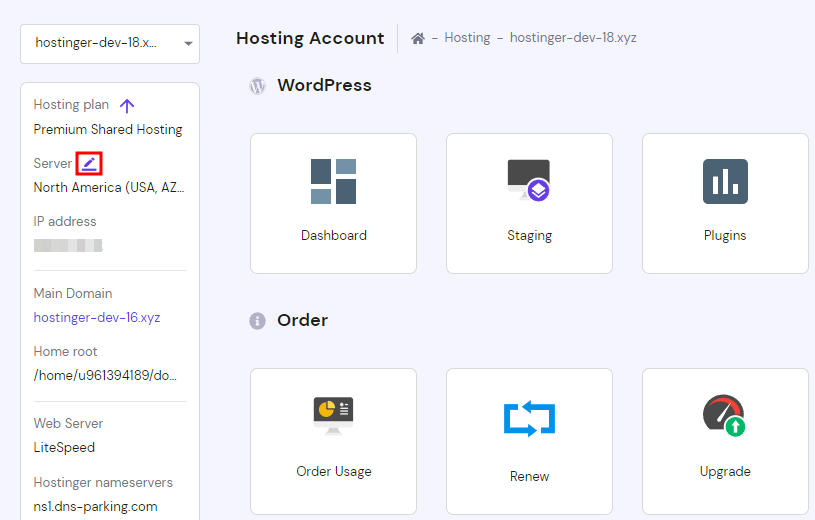 The server edit button on the hPanel