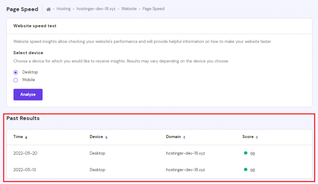 Page speed past results inhPanel