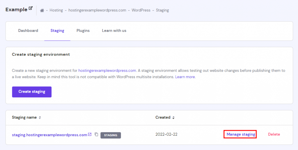The manage staging button on the hPanel