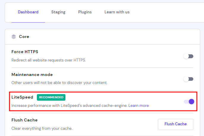 The LiteSpeed settings on Hostinger