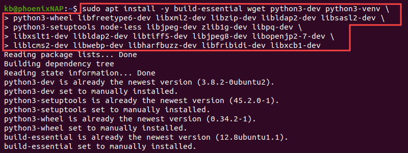 odoo install dependencies terminal output