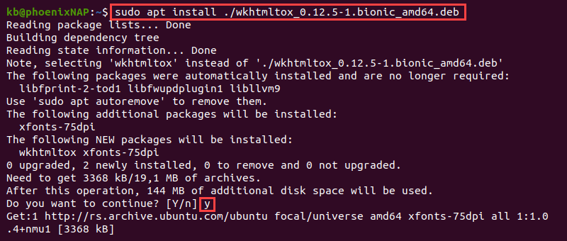 install wkhtmltopdf terminal output