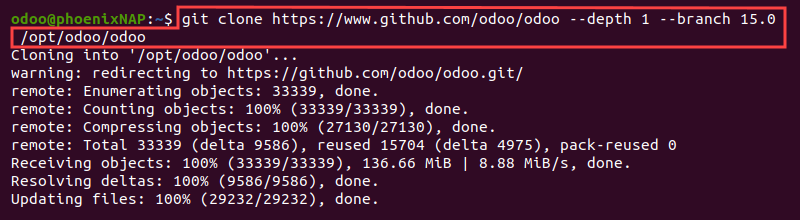 git clone odoo terminal output