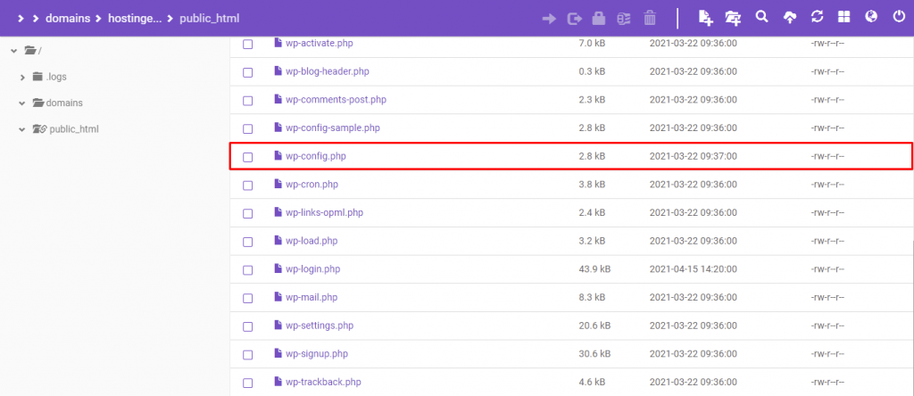 The wp-config.php file in the /public_html directory on hPanel.