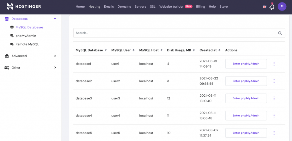 MySQL Databases on hPanel.