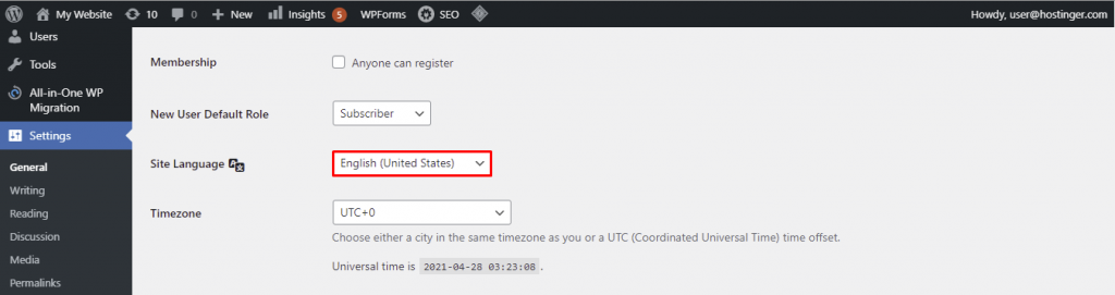 WordPress language settings.