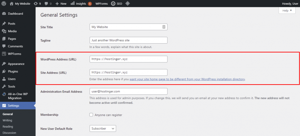 WordPress General Settings