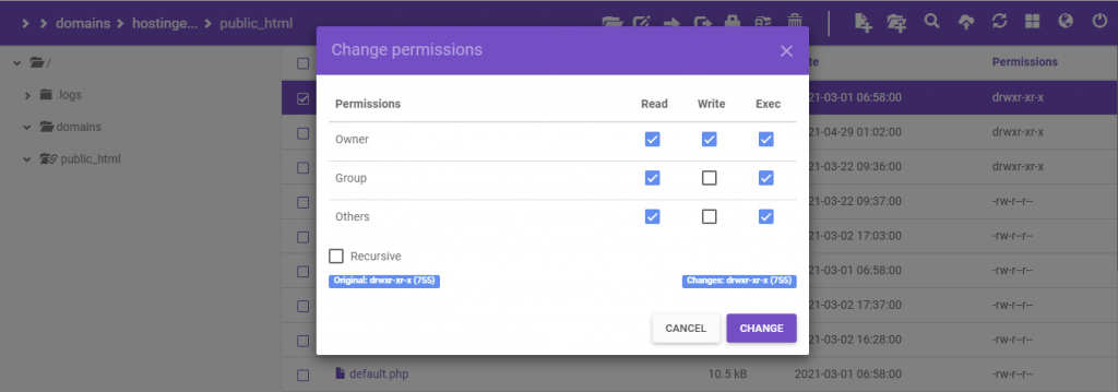 The setting popup window on hPanel.