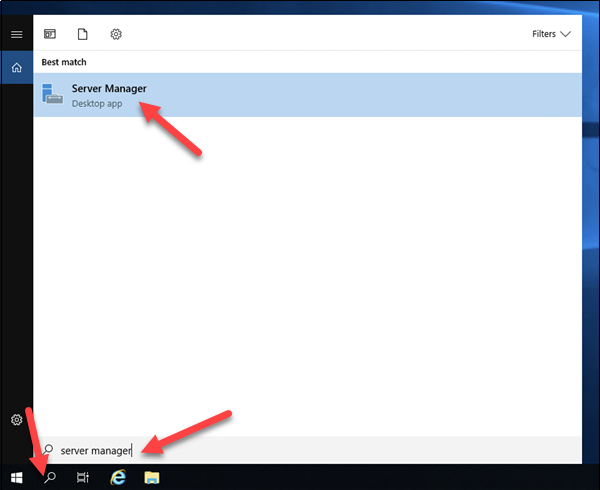 Finding the Server Manager app in Windows.