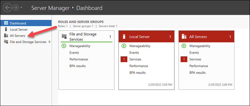 Selecting the All Servers option in Windows Server Manager.