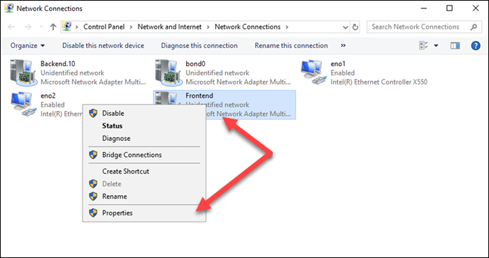 Selecting Properties for Frontend network connection.