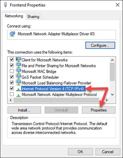Navigating to the properties dialogue for Internet Protocol Version 4.